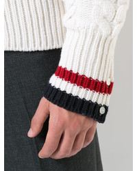 Thom Browne Shawl Collar Cardigan With Aran Cable In Fine Merino Wool And Red White And Blue Cuff Stripe
