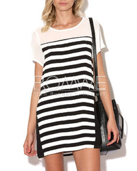 White Black Short Sleeve Striped T Shirt Dress