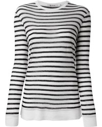 White and Black Horizontal Striped Crew-neck Sweater