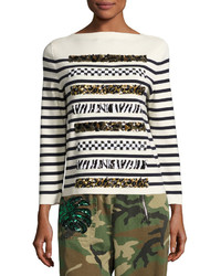 Marc Jacobs Animal Sequin Striped Sweater Navyoff White