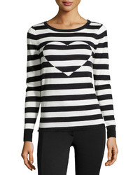 Neiman Marcus Round Neck Striped Sweater W Heart Blackwhite
