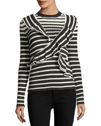 MSGM Ruffle Front Striped Rib Knit Sweater