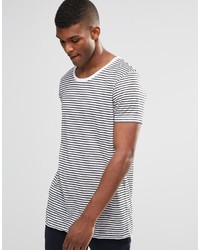 Asos Super Longline T Shirt With Mini Black And White Stripe In Linen Look Slub