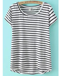 Black Short Sleeve Striped Dip Hem T Shirt
