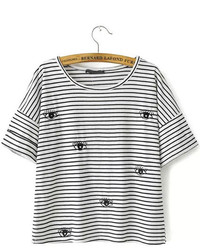 Black White Striped Eye Embroidered T Shirt
