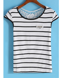 Contrast Lace Striped White T Shirt