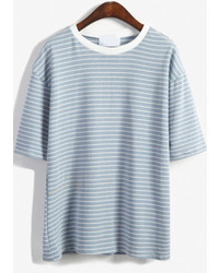 Round Neck Striped Loose Sky Blue T Shirt