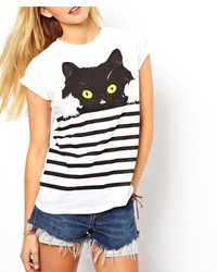 ChicNova Striped Cat Print T Shirt In White