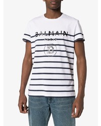 Balmain Striped Logo Print T Shirt
