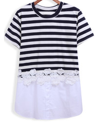 Striped With Lace Contrast Hem T Shirt