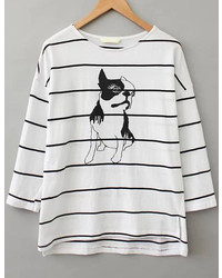 White Round Neck Striped Dog Print T Shirt
