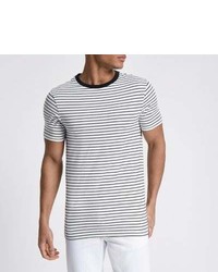 River Island White Stripe Muscle Fit Short Sleeve T Shirt