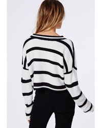 Missguided Stripe Oversized Knitted Cropped Sweater White