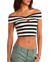 Charlotte Russe Keyhole Bow Striped Off The Shoulder Crop Top