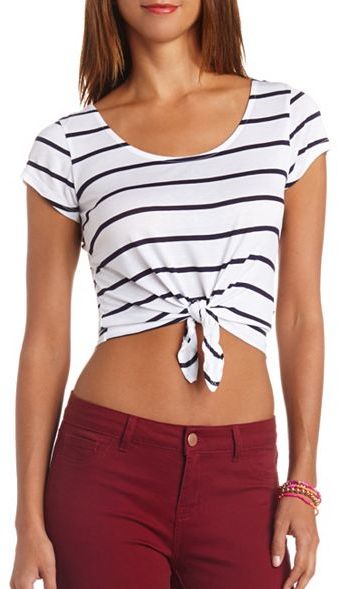 SweatyRocks Womens Cute Knot Front Striped Short Sleeve Crop Top Shirts Blouse