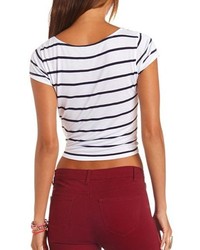 Charlotte Russe Short Sleeve Tie Front Striped Crop Top