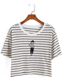 Striped Girl Print Crop T Shirt