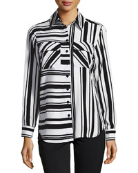 Neiman Marcus Multi Stripe Long Sleeve Blouse Blackwhite