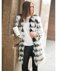 Choies Black And White Stripes Long Line Fox Faux Fur Tassels Warm Coat