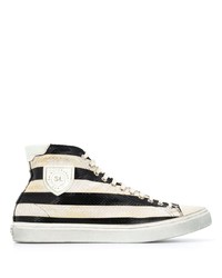 White and Black Horizontal Striped Leather High Top Sneakers
