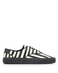 White and Black Horizontal Striped Leather Low Top Sneakers