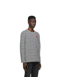Comme Des Garcons Play Black And White Striped Heart Patch Long Sleeve T Shirt