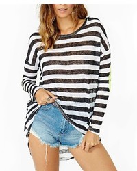 ChicNova Black White Stripe Round Collar T Shirt