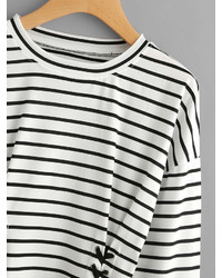 Shein Eyelet Lace Up Striped Tee