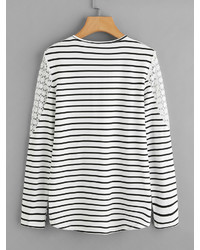 Shein Hollow Lace Panel Striped Tee