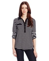 Jones New York Long Sleeve Striped Polo With Woven Trim