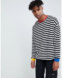 ASOS DESIGN Oversized Velour Stripe Long Sleeve T Shirt In Black And White With Contrast Ribs