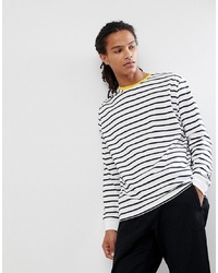 ASOS DESIGN Stripe Relaxed Long Sleeve T Shirt In White And Navy With Contrast Ringer