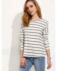 Romwe White Striped Drop Shoulder T Shirt