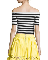 Alice + Olivia Grant Striped Off The Shoulder Cropped Top Blackwhite