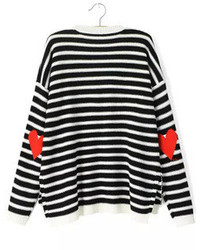 Black White Long Sleeve Striped Heart Print Sweater