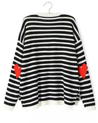 Black White Long Sleeve Striped Heart Print Sweater