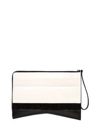 White and Black Horizontal Striped Suede Clutch