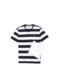 White and Black Horizontal Striped V-neck T-shirt