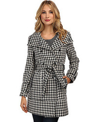 Calvin Klein Db Belted Convertible Stand Collar Wool Trench Houndstooth