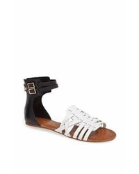 White and Black Leather Flat Sandals