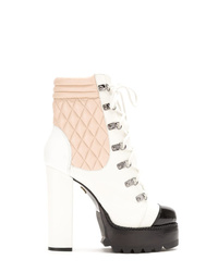 White and Black Leather Lace-up Ankle Boots
