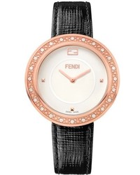 Fendi My Way Genuine Fox Fur Diamond Bezel Leather Strap Watch 36mm