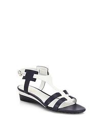 Tod's Bicolor Leather Wedge Sandals White Blue