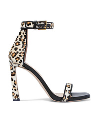 White and Black Leopard Calf Hair Heeled Sandals