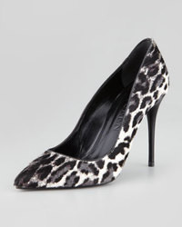 White and Black Leopard Leather Pumps