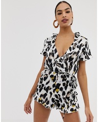 In The Style Leopard Satin Frill Wrap Playsuit