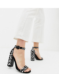White and Black Leopard Suede Heeled Sandals