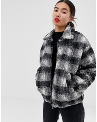 New Look Brushed Check Teddy Borg Coat In Black