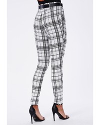 Missguided Grid Print High Waist Belted Cigarette Trousers White