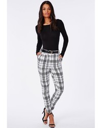 Missguided Grid Print High Waist Belted Cigarette Trousers White
